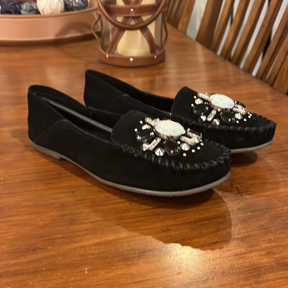 Free People Cherokee Gem Stone Moccasin Shoes Flats Black Suede Womens Size 9 - Picture 2 of 13
